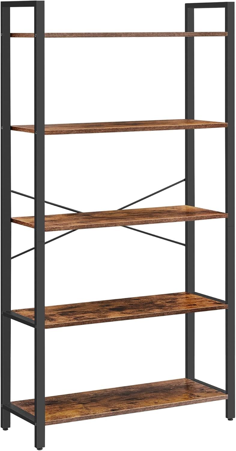 Adjustable Black Metal and Wood 5-Tier Bookshelf