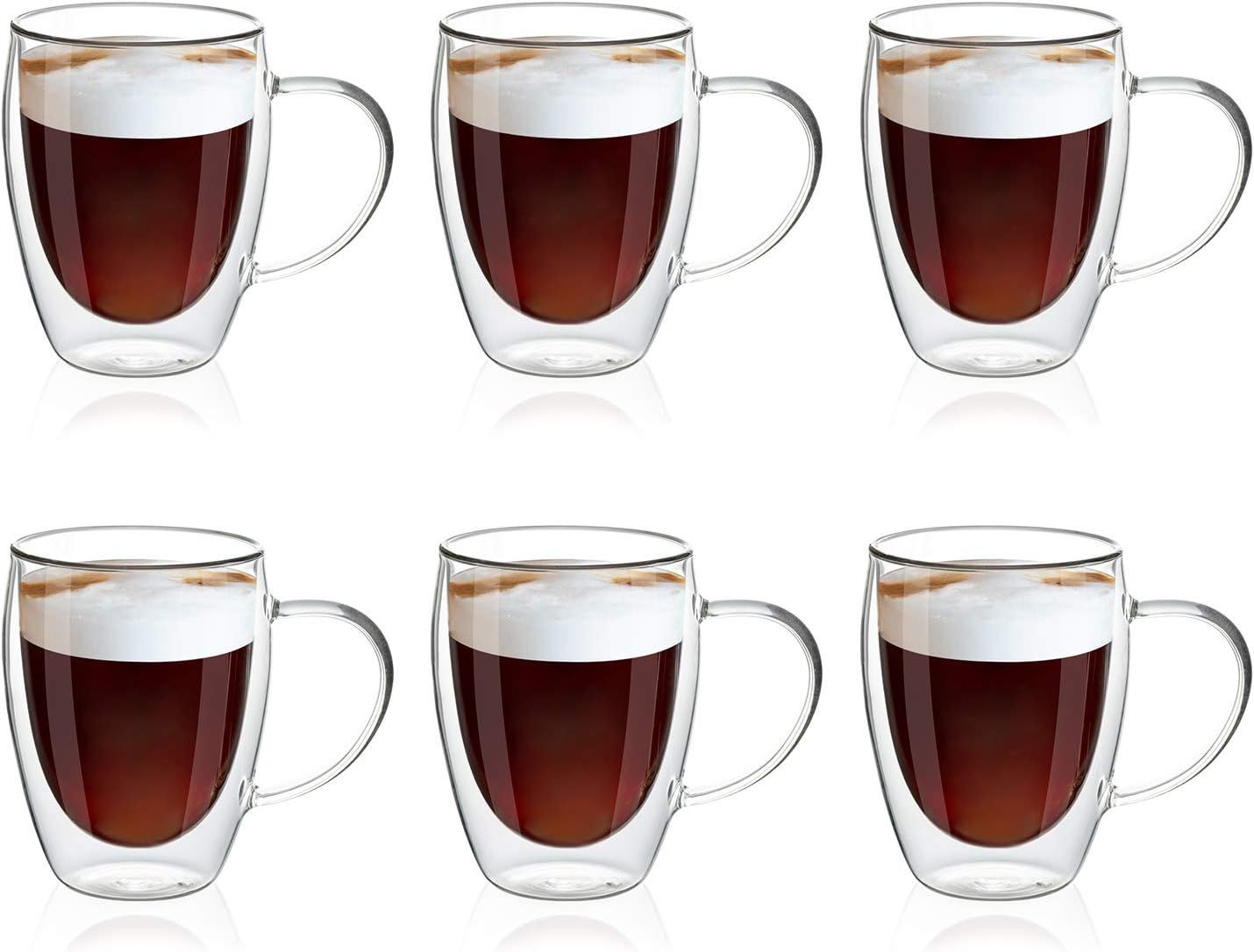 Clear Glass Double Wall Insulated 12oz Coffee Mugs, 6-Pack