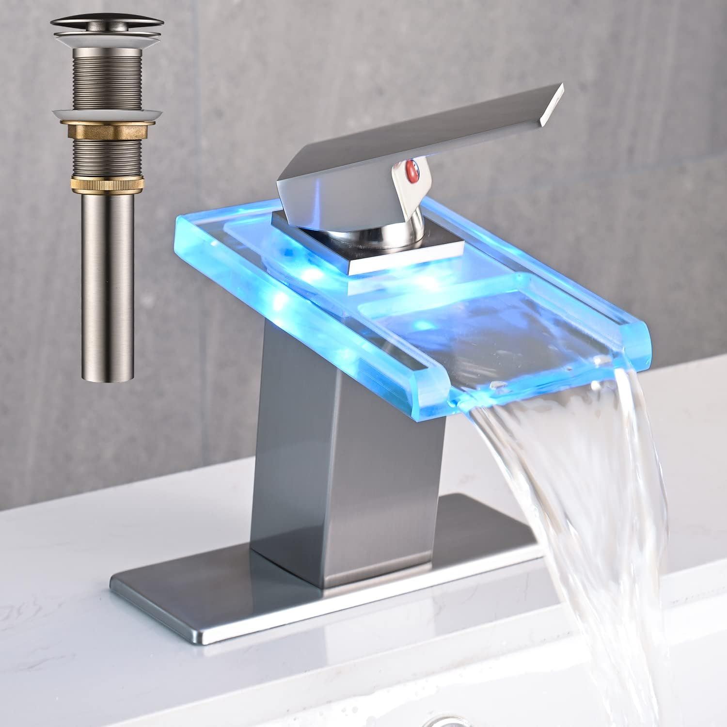 Brushed Nickel LED Waterfall Bathroom Faucet with Glass Spout