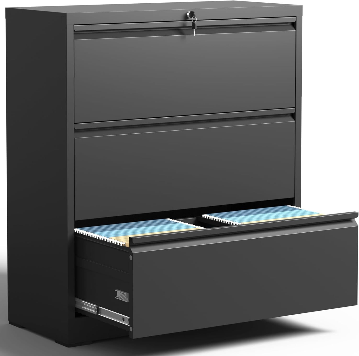 Black Steel 3-Drawer Lockable Lateral Filing Cabinet