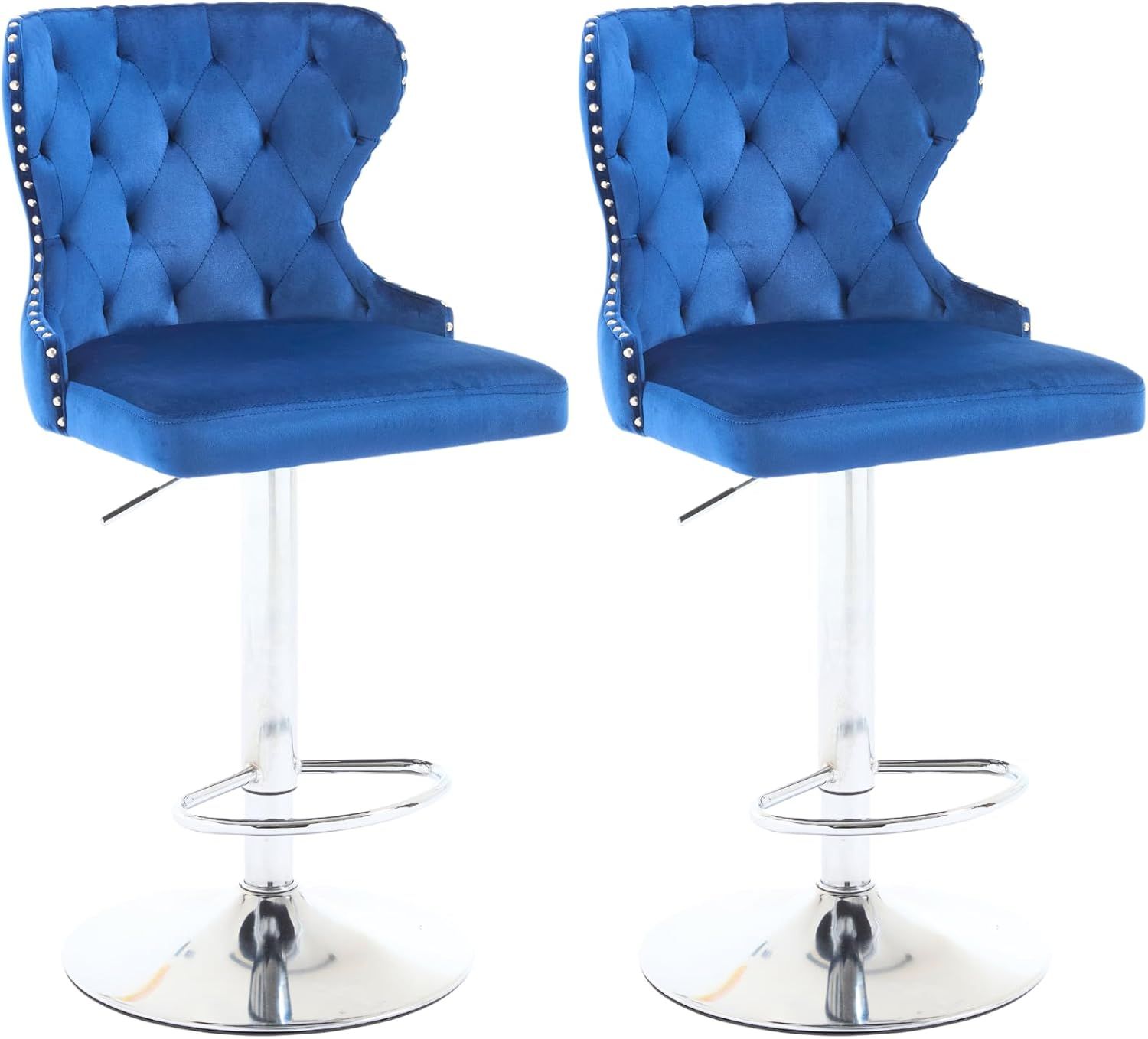 Adjustable Blue Velvet Swivel Bar Stools with Silver Base