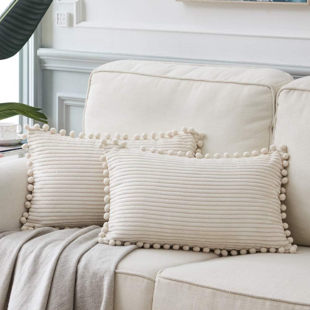 Cream Corduroy Boho Pillow Covers with Pom-Poms, 12x20 Inch