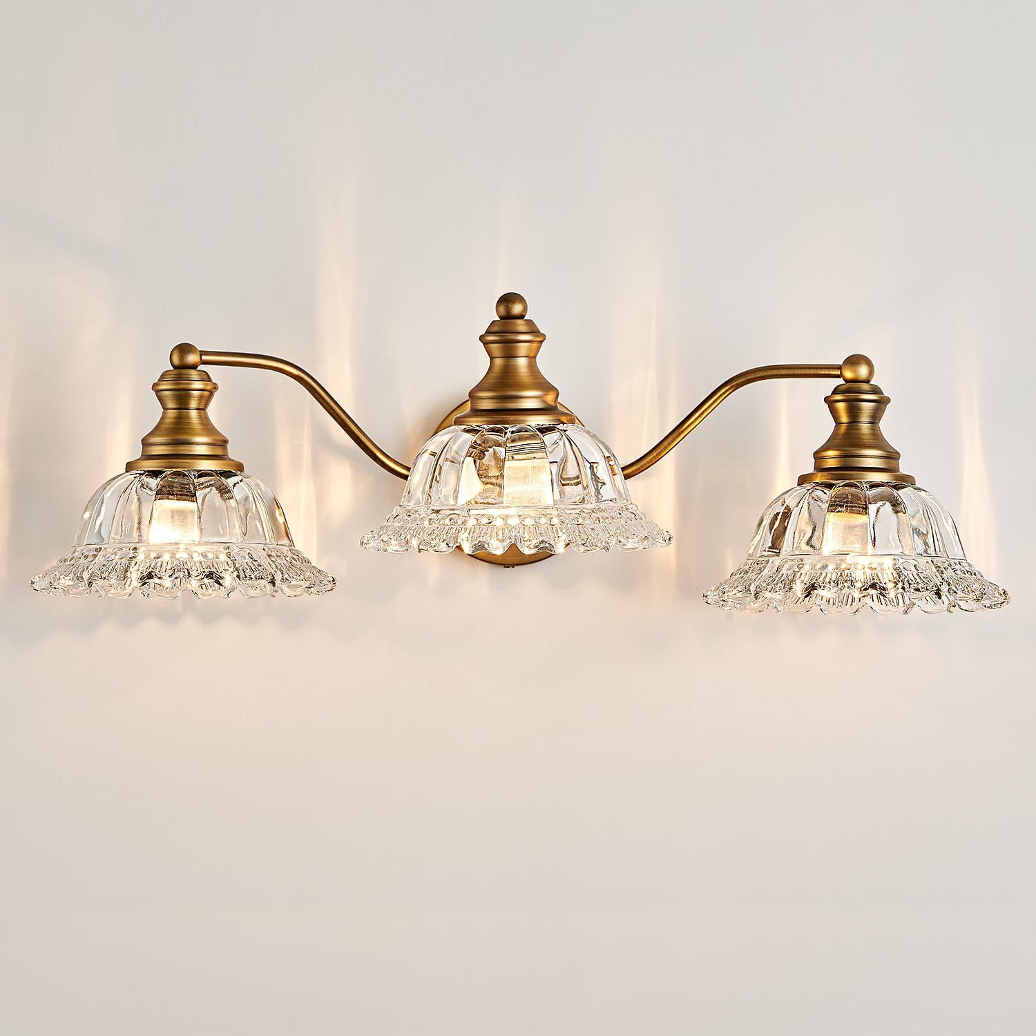 Matte Antique Brass 3-Light Vanity Fixture with Crystal Glass Shades