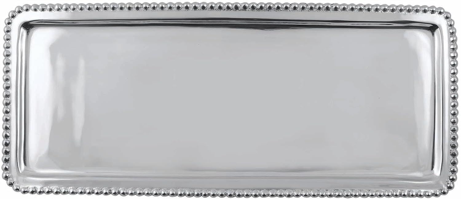 Elegant Polished Silver Beaded Long Rectangular Tray