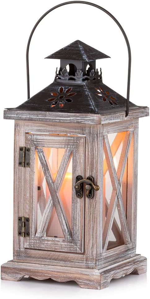 Distressed White Pine Wood Hanging Lantern with Metal Top