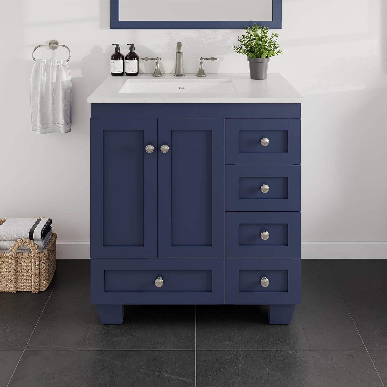 Blue Solid Wood 30" Bathroom Vanity with Carrara Quartz Top