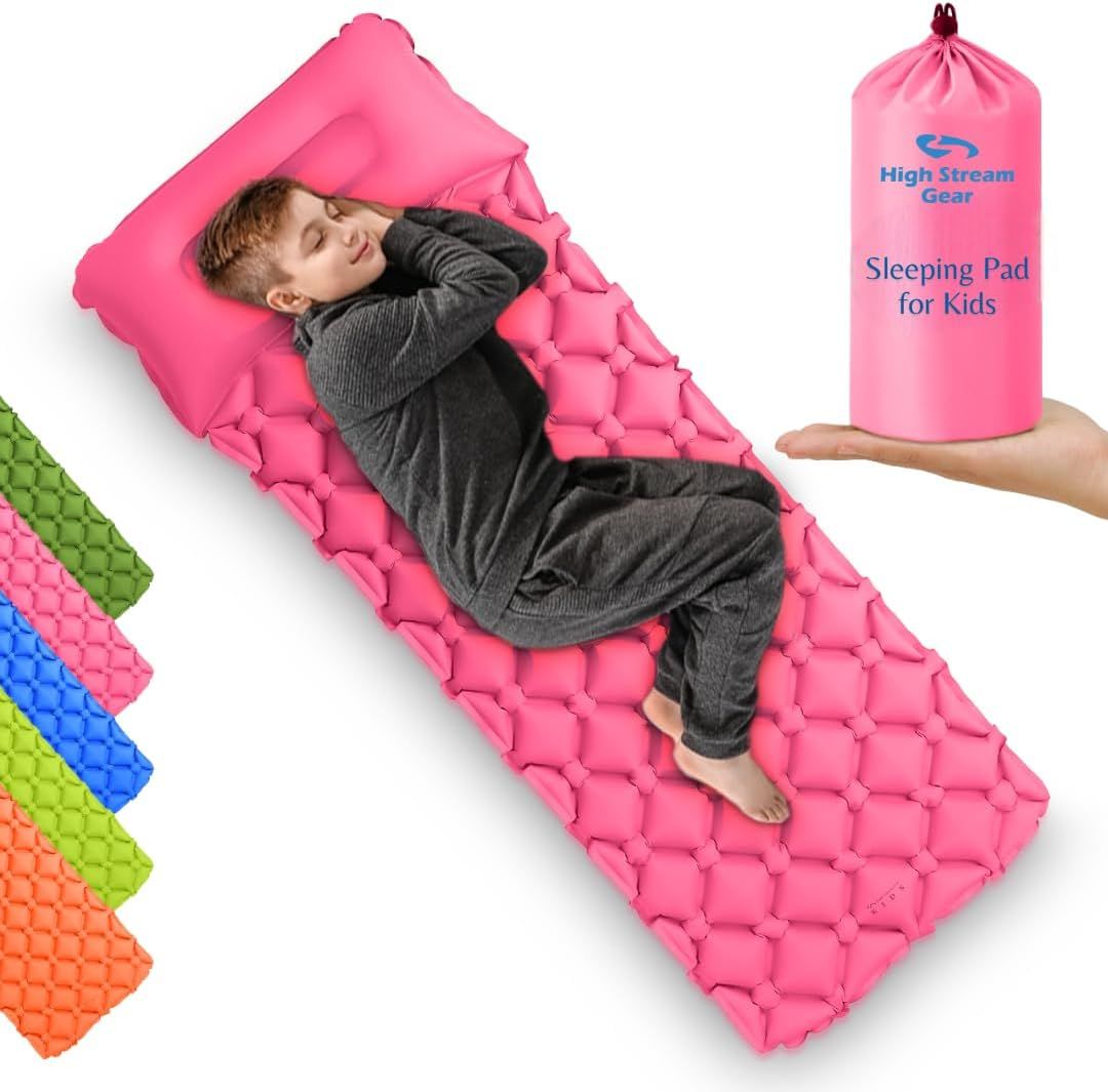 Pink Inflatable Kids Sleeping Pad with Built-In Pillow