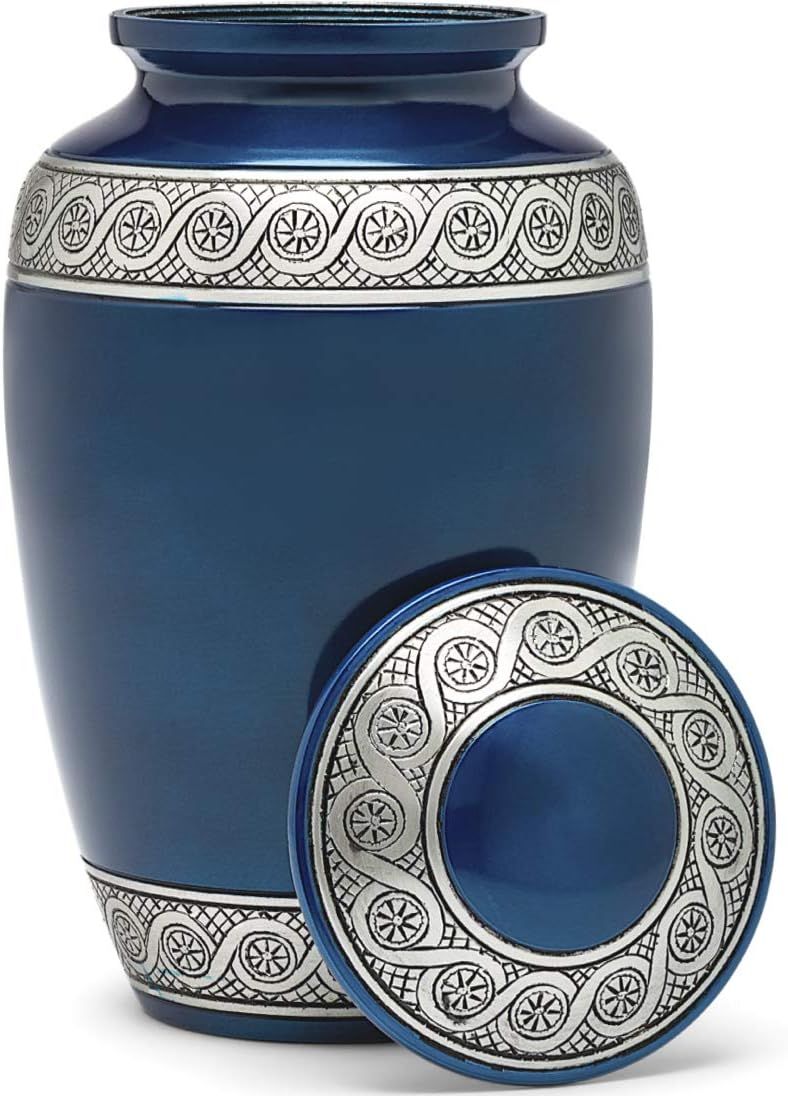 Blue Painted Metal Cremation Urn with Engraved Design