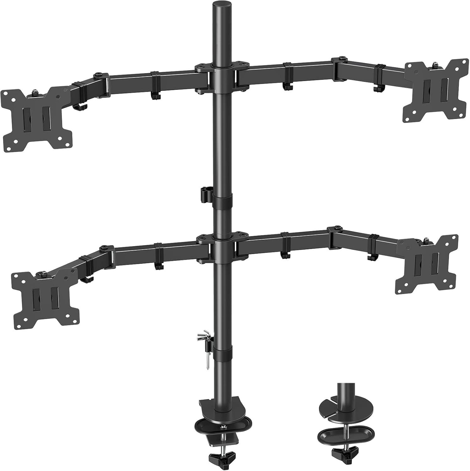 Black Quad Monitor Stand with Adjustable Arms and C Clamp Base