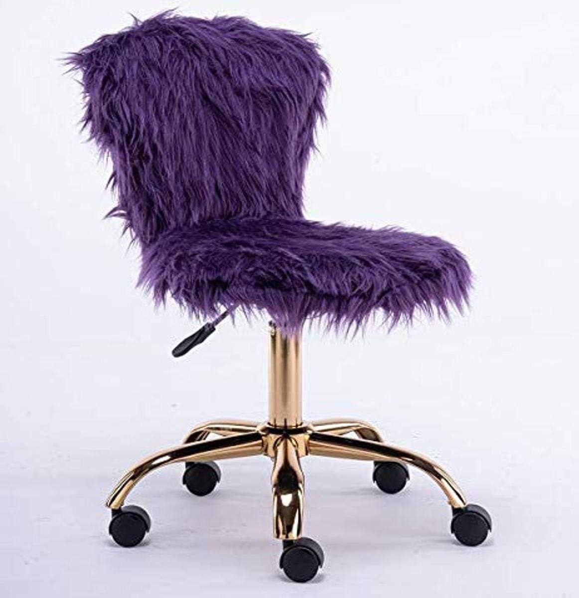 Purple Faux Fur Mid-Back Swivel Vanity Chair with Gold Legs