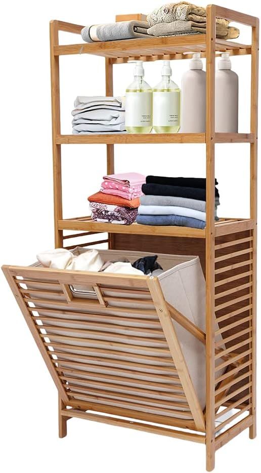 46.9" Bamboo Laundry Hamper with 3-Tier Storage Shelves