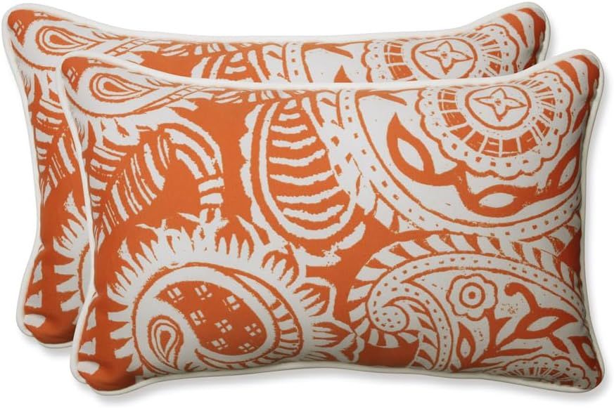 Orange and White Paisley Rectangular Outdoor Throw Pillows, Set of 2