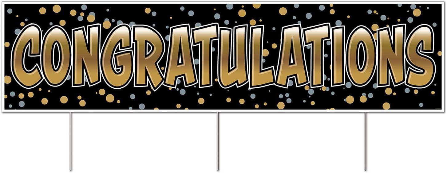 Jumbo Black and Gold Congratulations Yard Sign with Metal Stakes