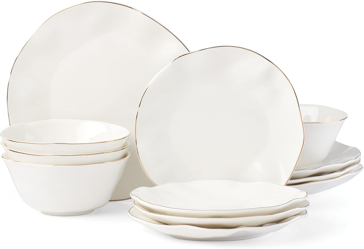 White and Blue Porcelain 12-Piece Dinnerware Set with Gold Rim