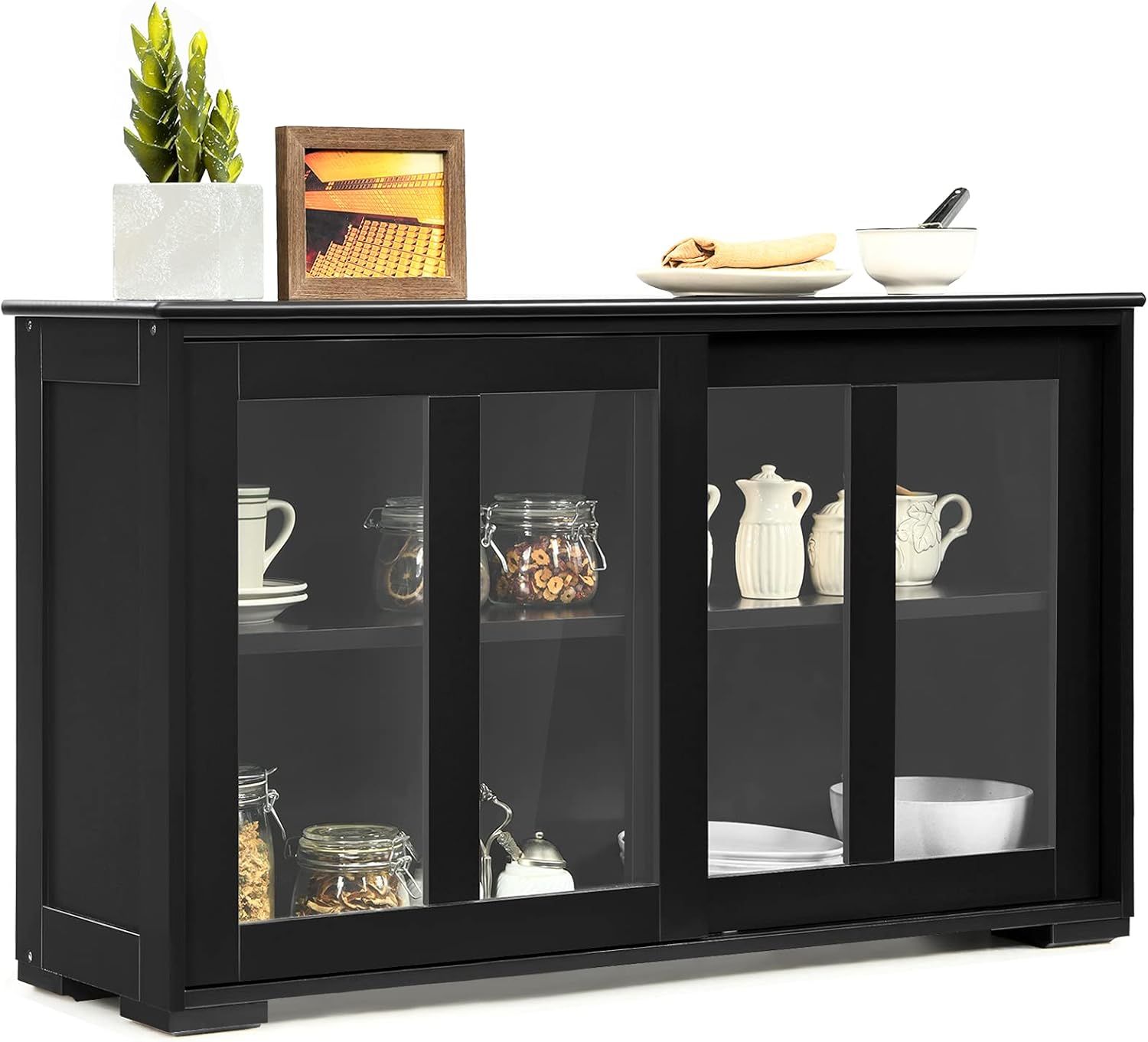 Black MDF and Glass Sliding Door Sideboard Cabinet