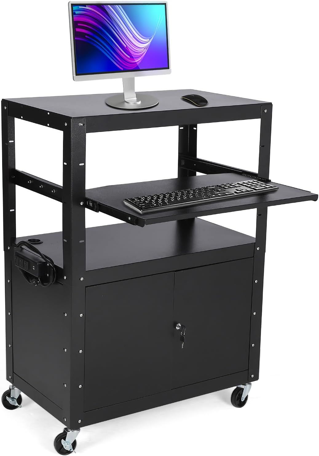 Black Adjustable AV Cart with Locking Cabinet and Pullout Tray