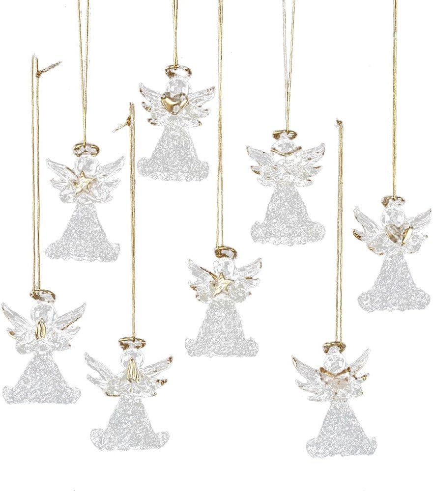 Set of 8 Clear Glass Angel Ornaments with Gold Accents