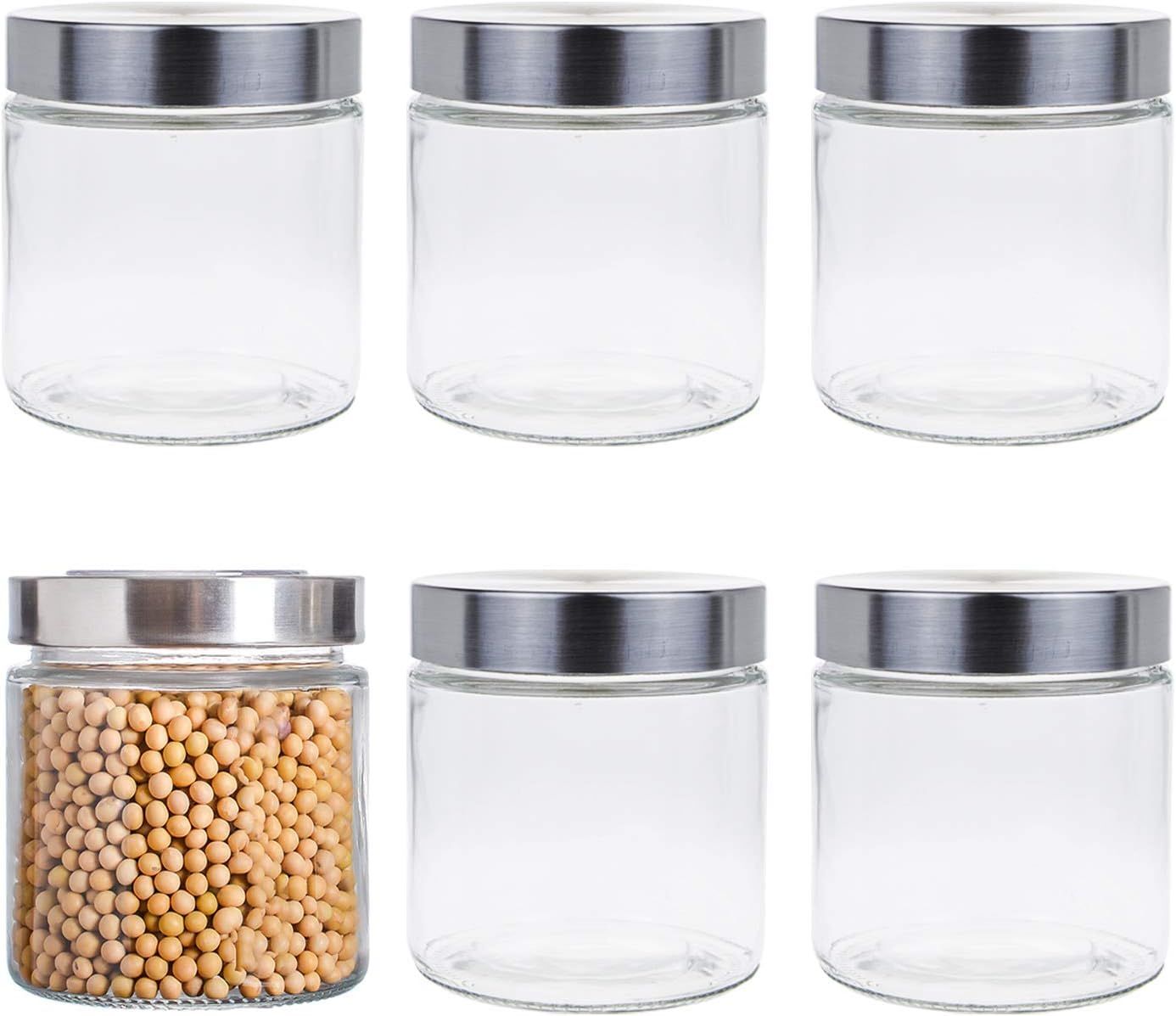 Set of 6 Clear Glass Jars with Stainless Steel Lids