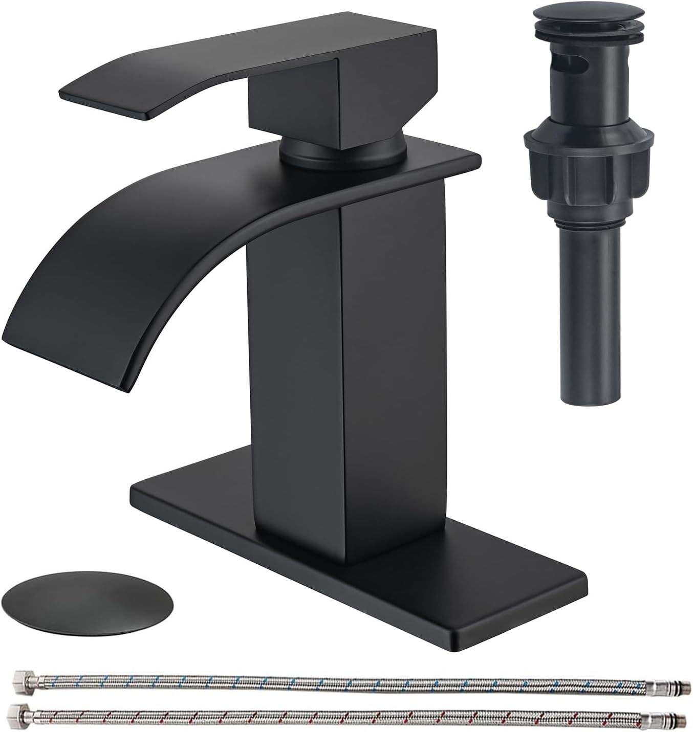 Matte Black Single Handle Waterfall Bathroom Faucet with Pop-up Drain