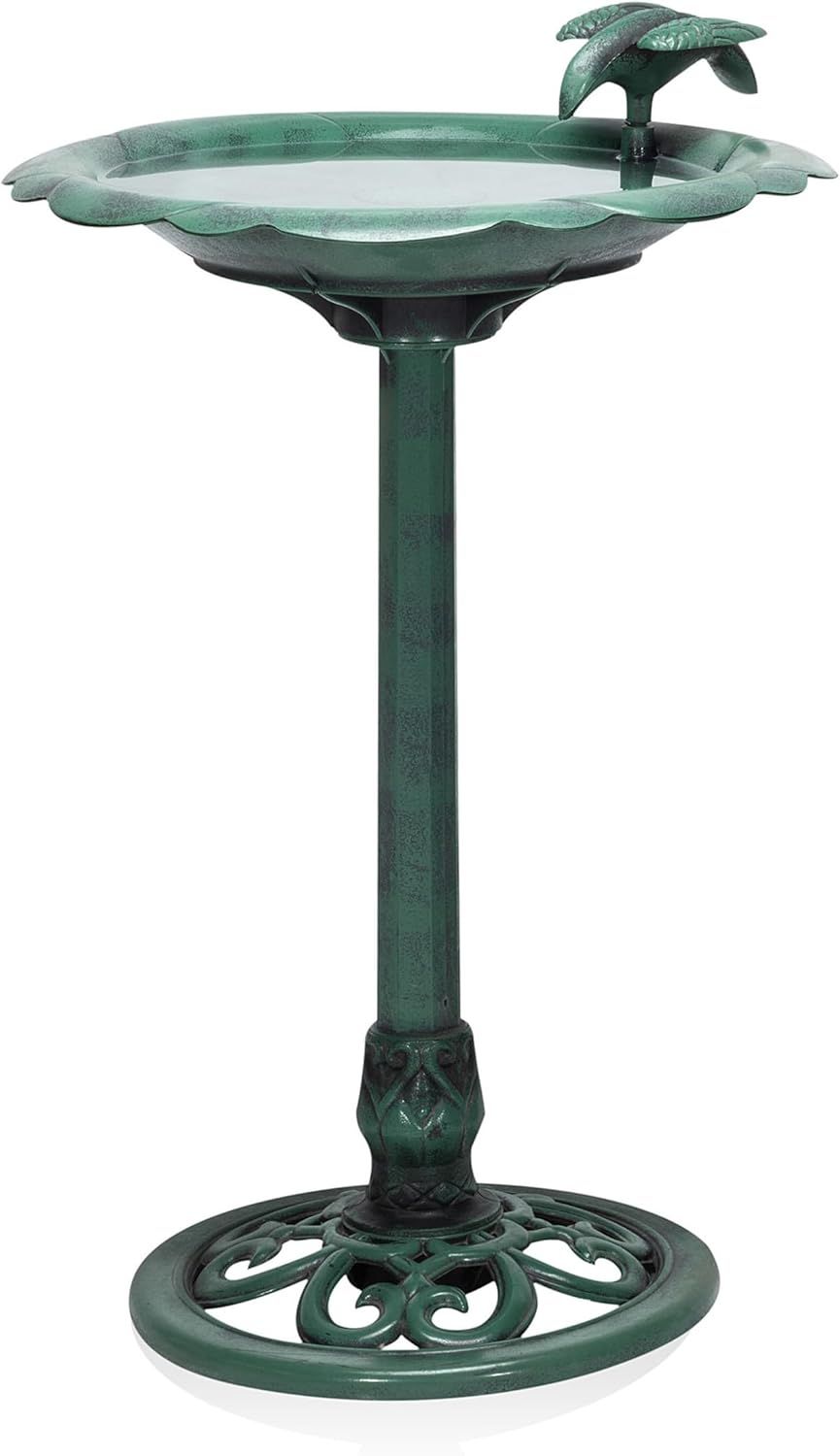 Green Polypropylene 31" Outdoor Bird Bath with Bird Decoration