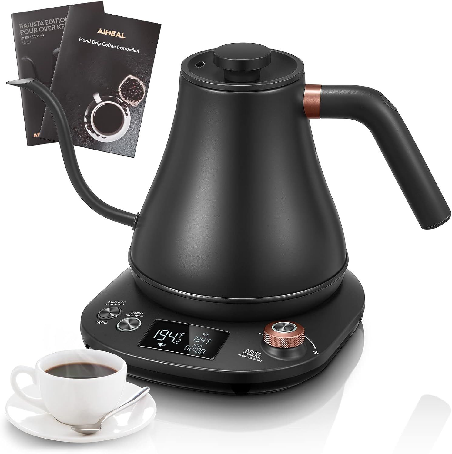 Matte Black Stainless Steel Electric Gooseneck Kettle with Temperature Control