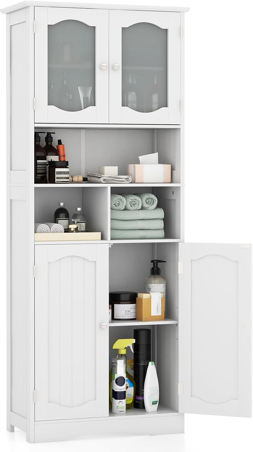 White Tall Freestanding Cabinet with Frosted Glass Doors and Adjustable Shelves