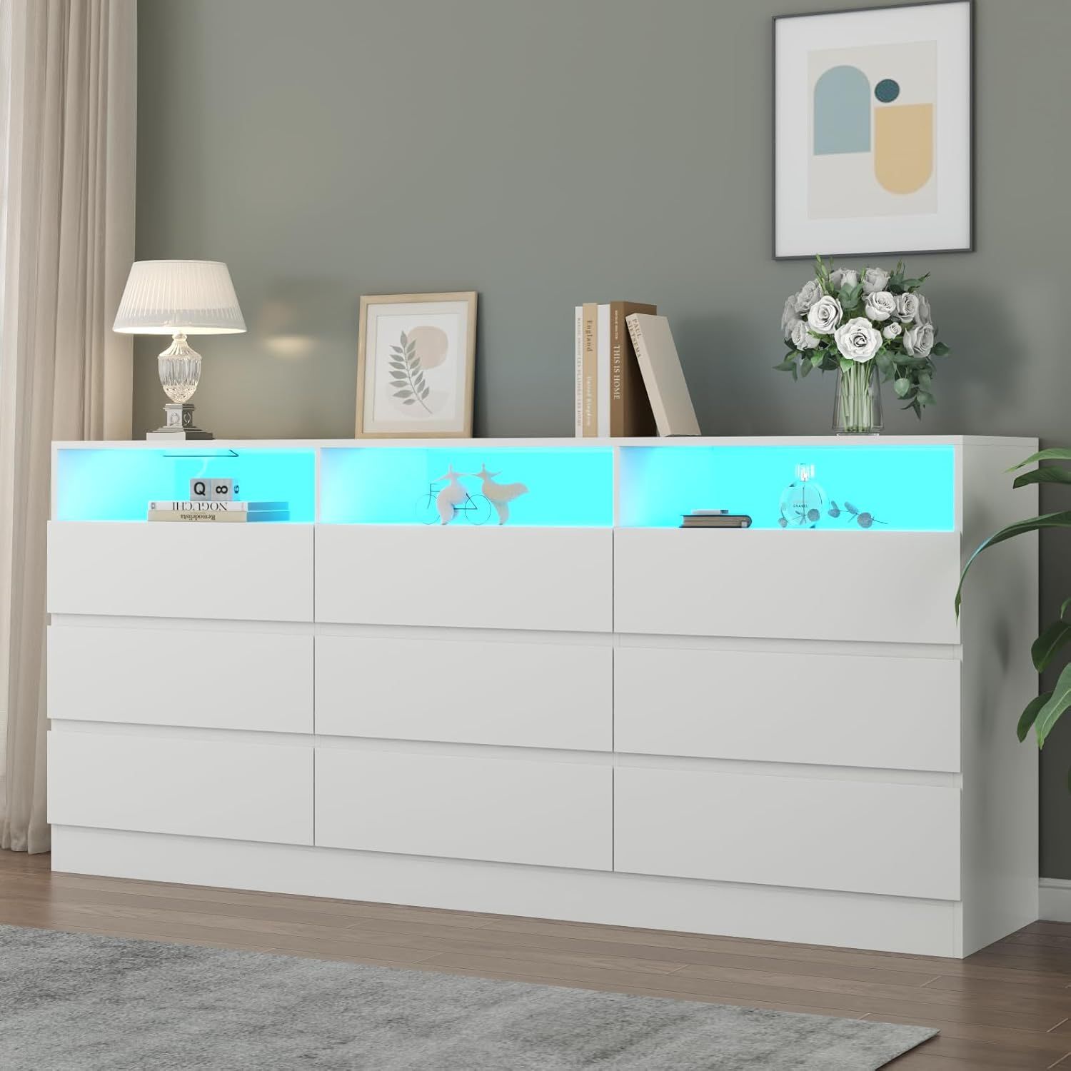 Modern White Double Dresser with LED Lights and Charging Station