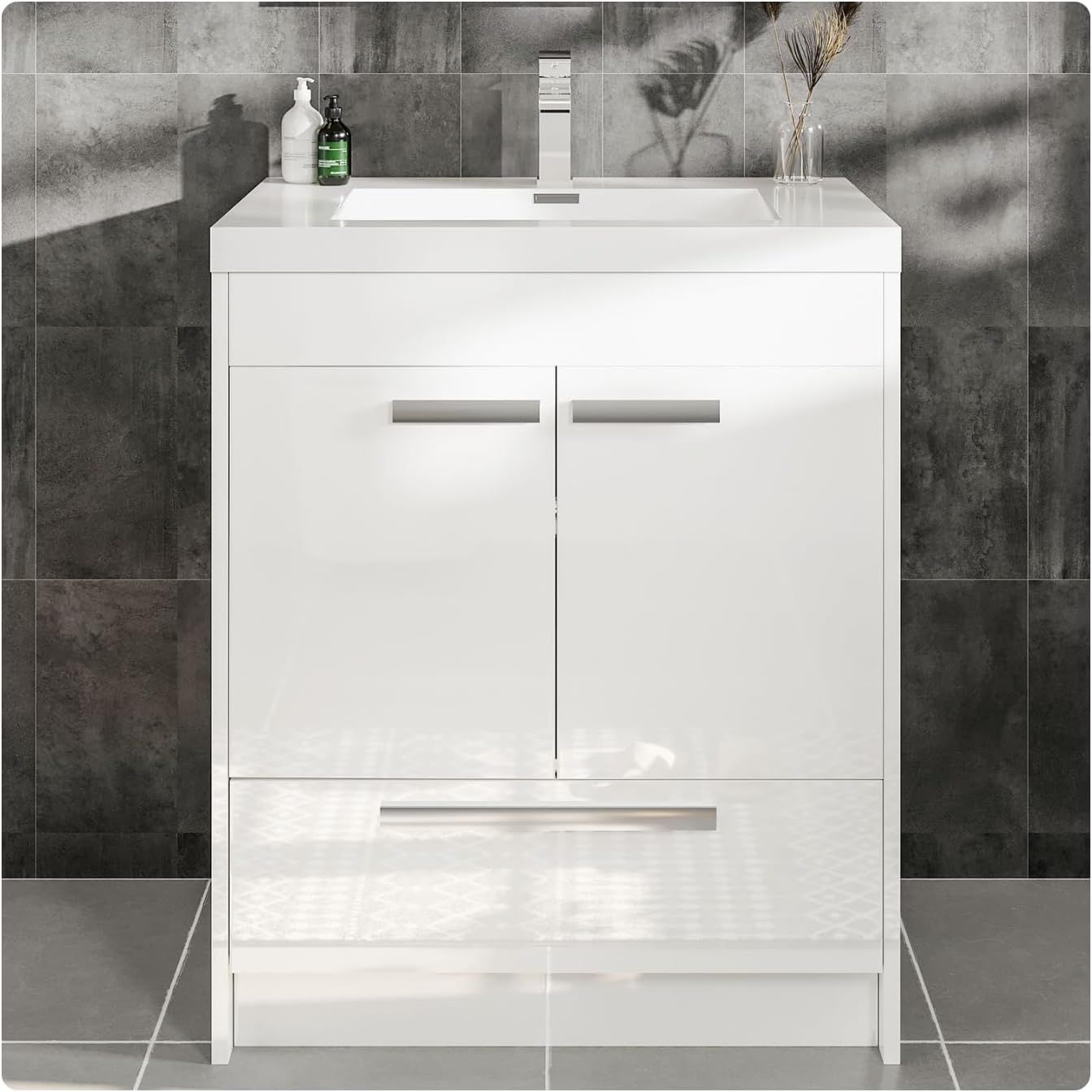 White Acrylic Top Modern Bathroom Vanity with Chrome Handles