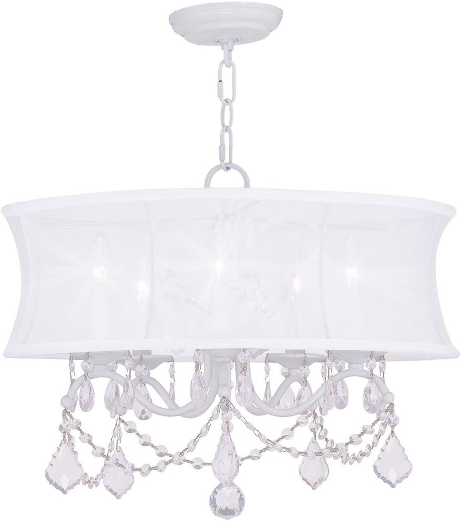 White Crystal Chandelier with Silk Shade and Scrolling Arms