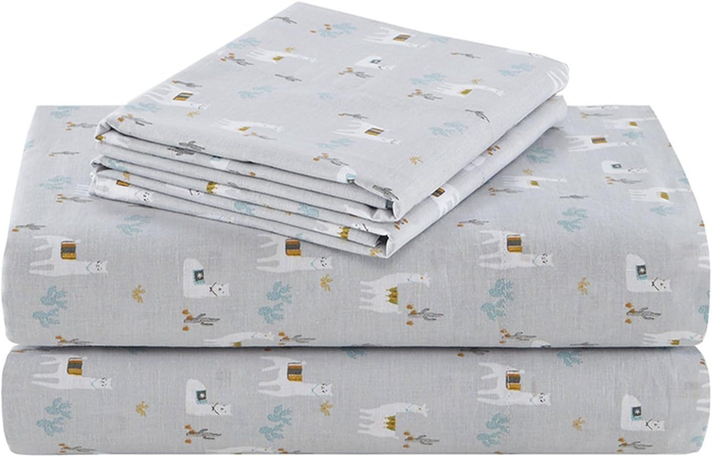 Gray Llama Print Twin Cotton Percale Sheet Set