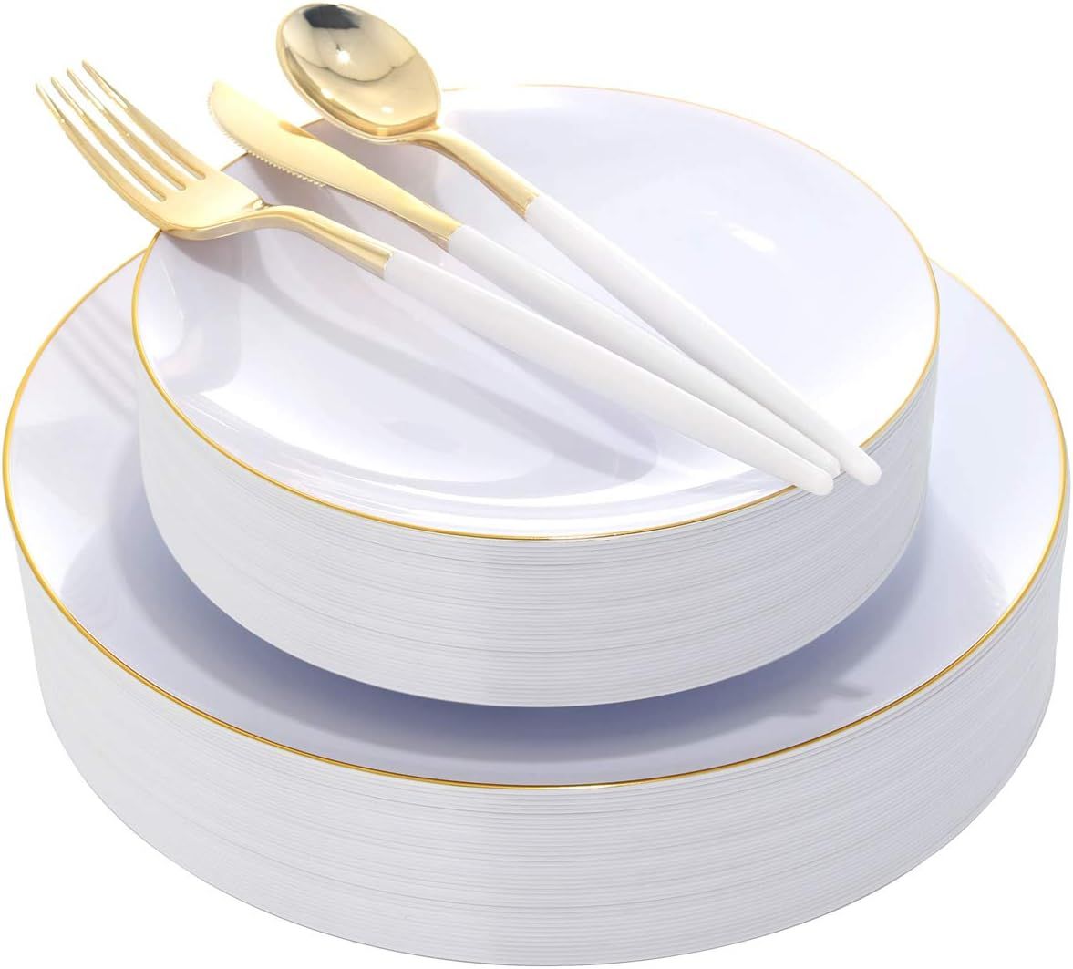 White and Gold Round Plastic Dinnerware Set for 30 Guests