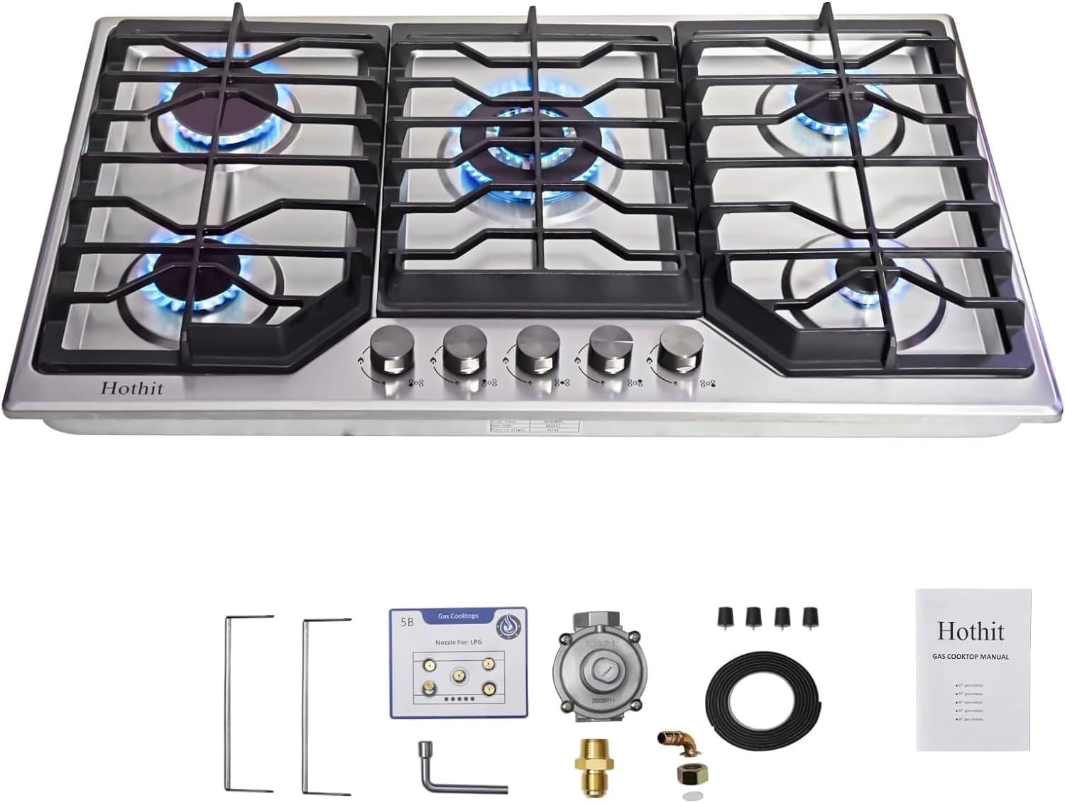 34-Inch Stainless Steel 5-Burner Gas Cooktop with Cast Iron Grates