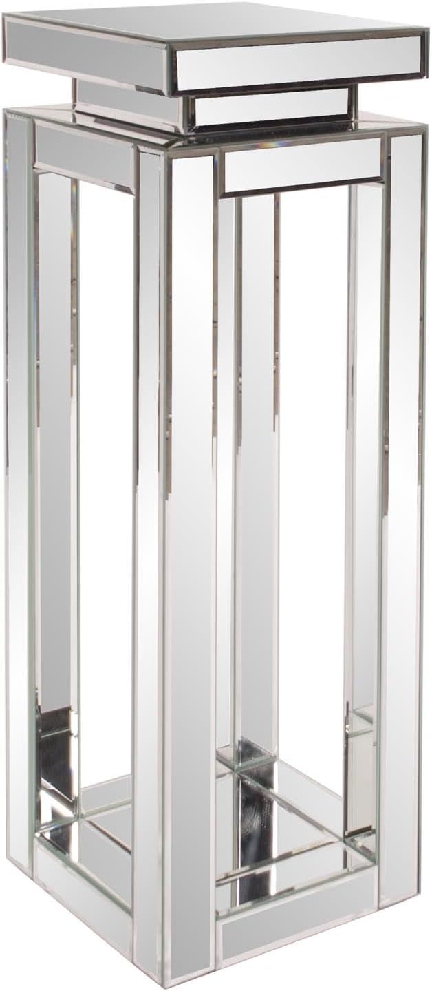 Tall Mirrored Glass and Wood Pedestal Table