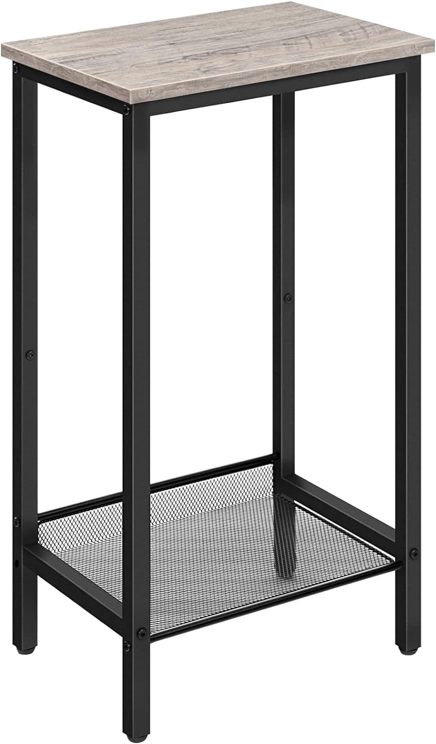 Greige and Black Tall Metal Side Table with Adjustable Mesh Shelf