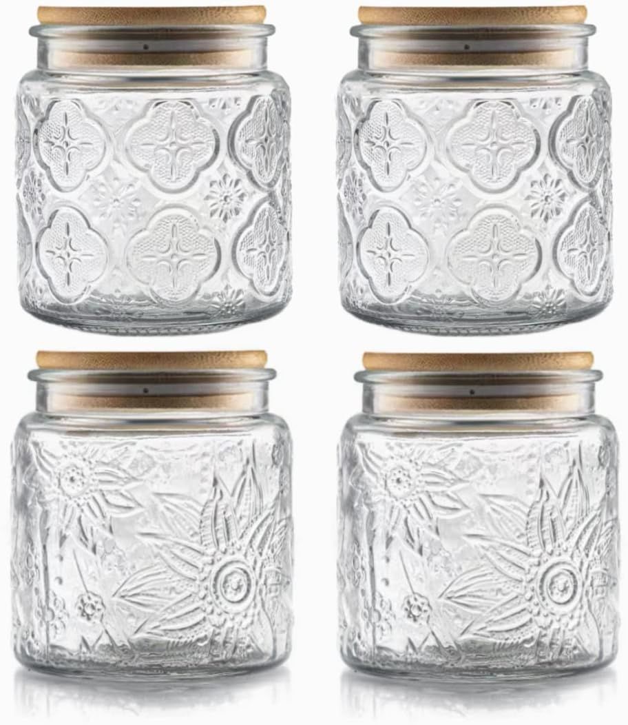 Set of 4 Clear Embossed Glass Storage Jars with Bamboo Lids