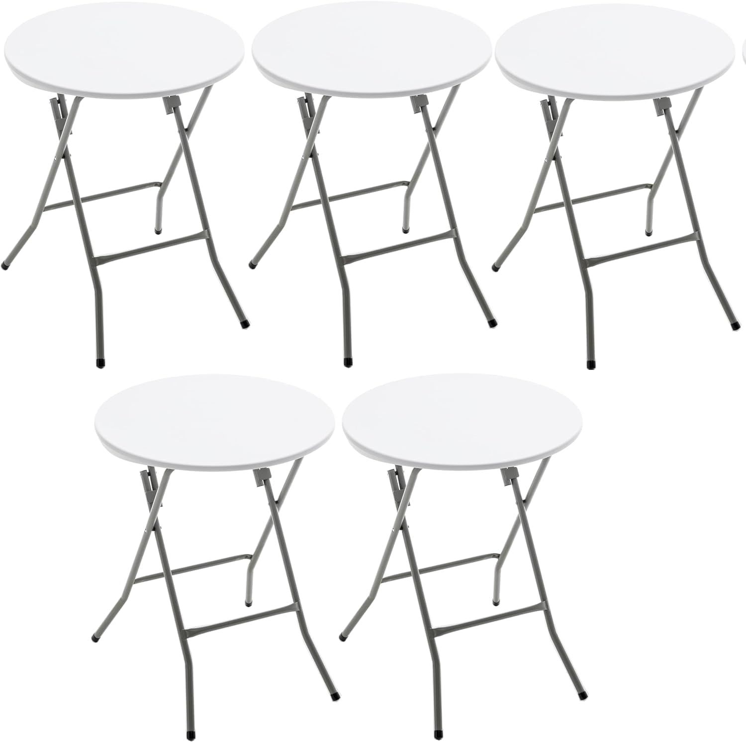 White 24" Round Plastic Folding Tables with Steel Legs, Set of 5