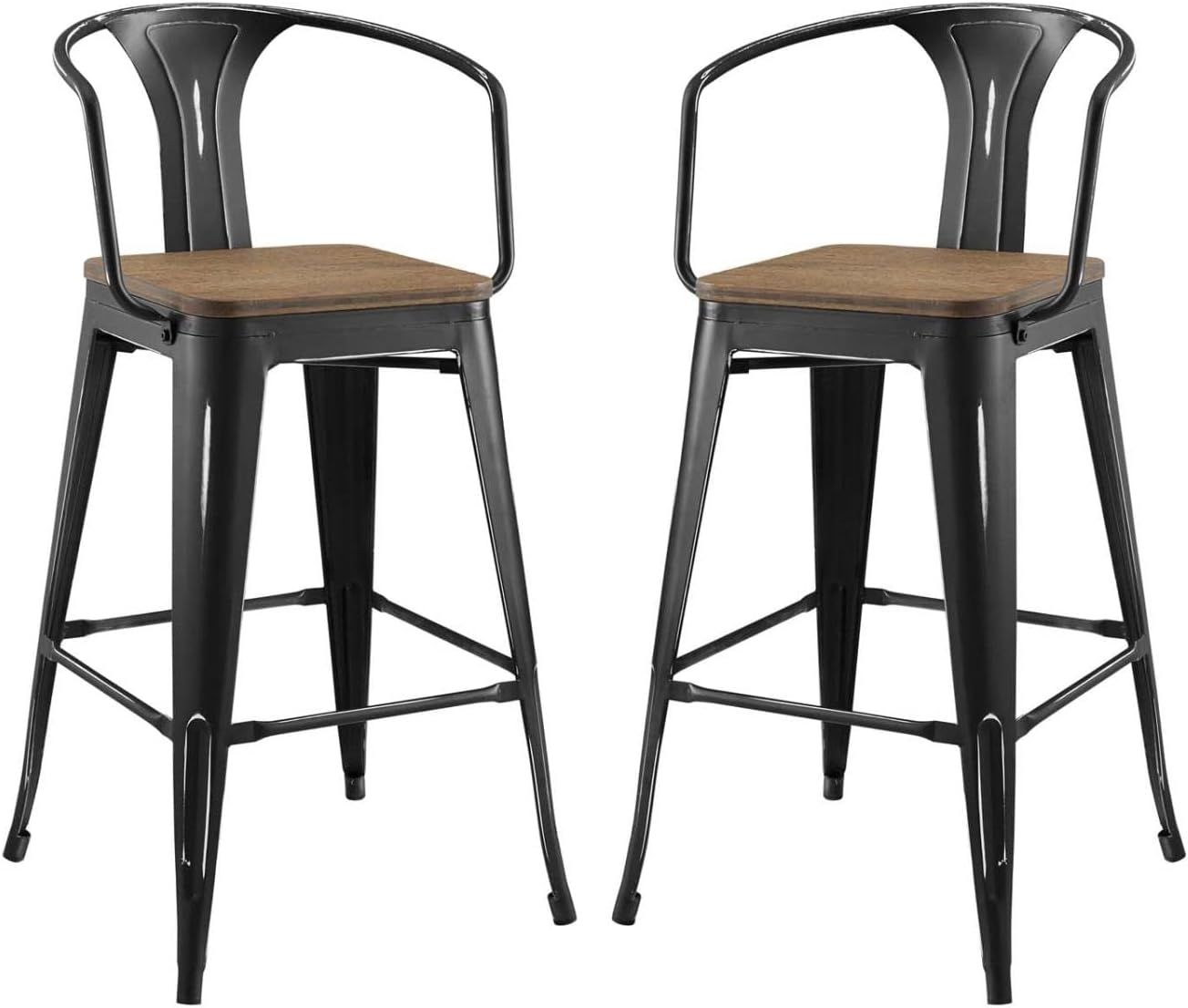 Black Metal and Wood Bistro Bar Stools, Set of 2