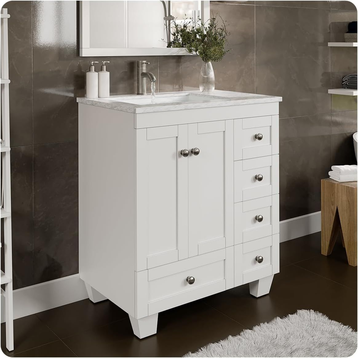 White 30" Bathroom Vanity with Carrara Quartz Countertop