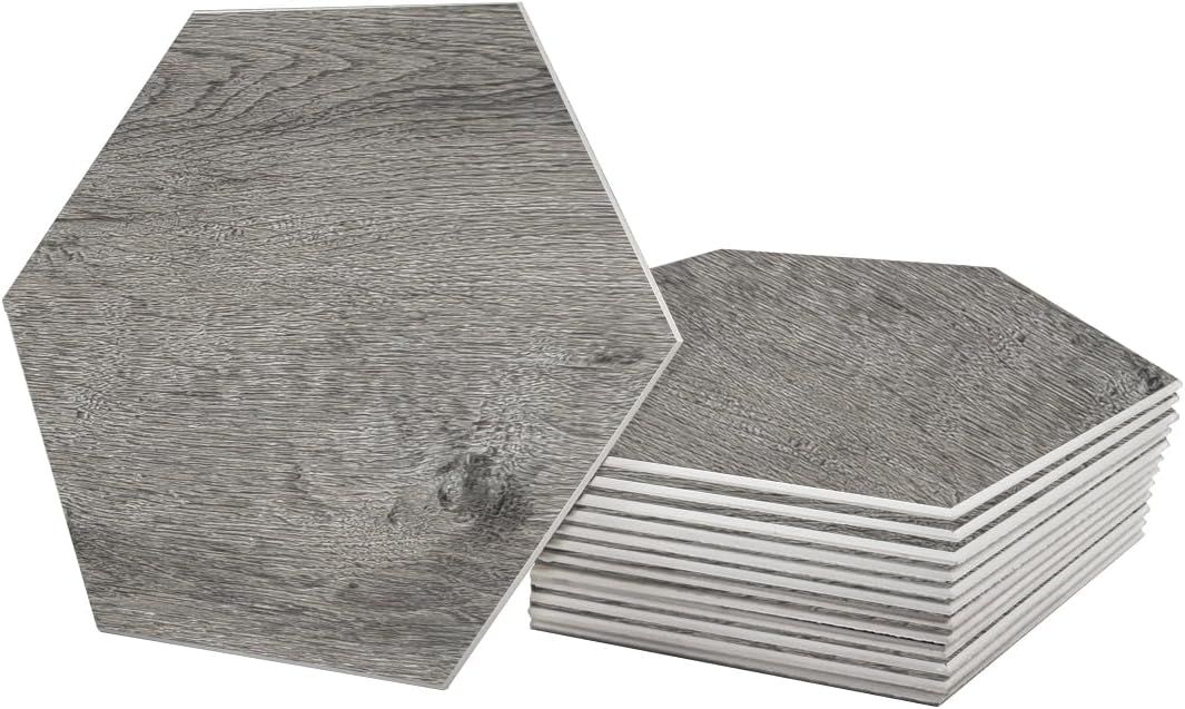 Hexagon Gray Wood Grain Peel and Stick Wall Tile