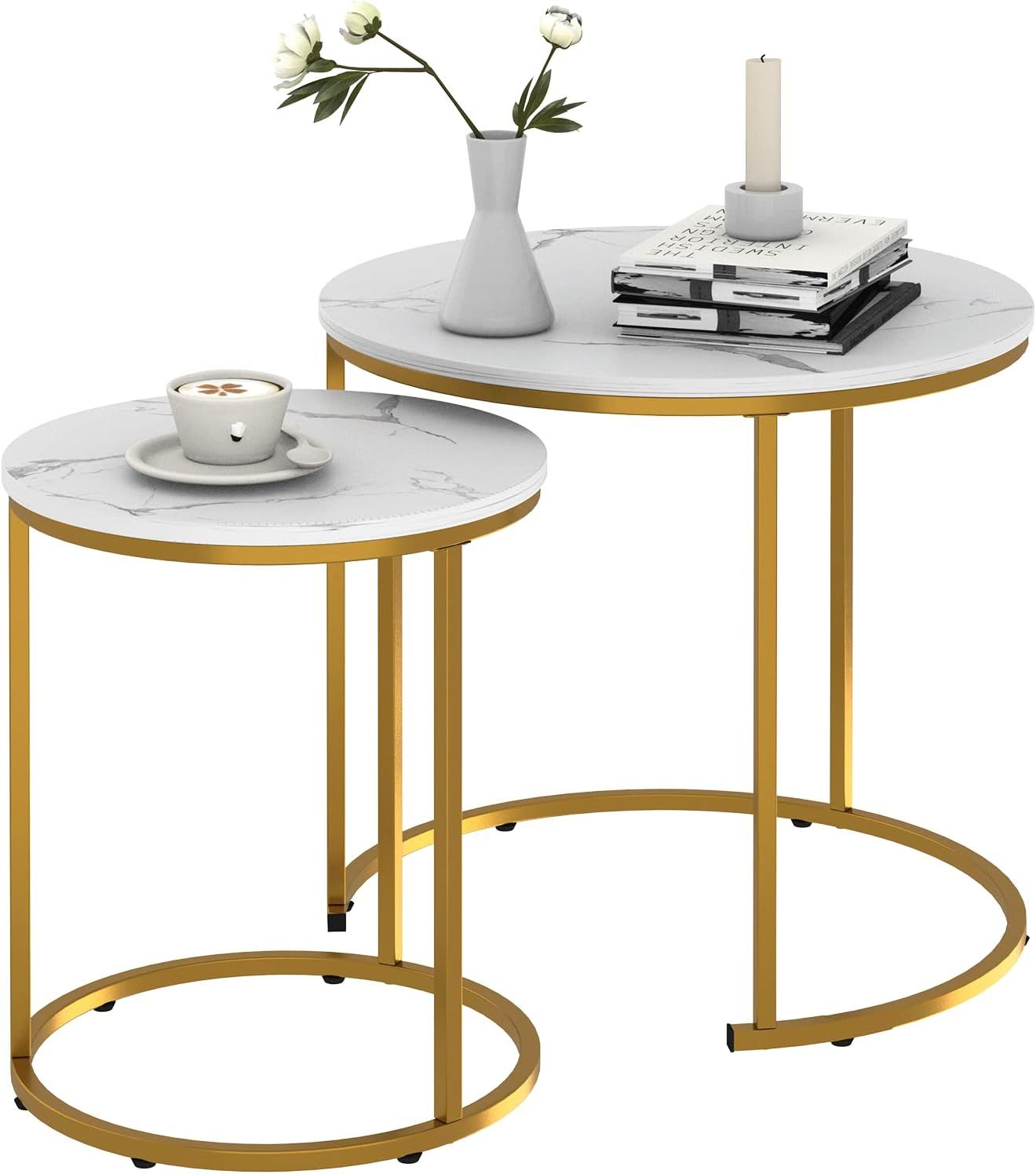 White and Gold Round Marble Nesting Coffee Tables