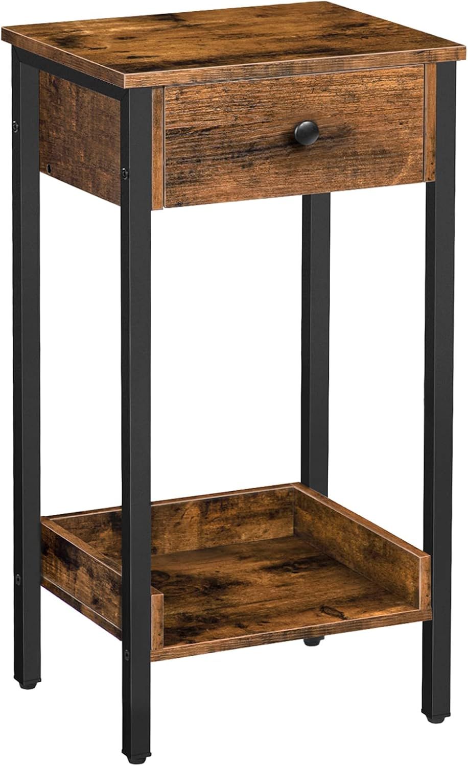 Rustic Brown and Black Metal End Table with Drawer and Shelf