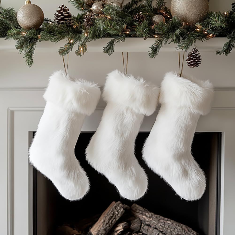 Snowy White Faux Fur Christmas Stockings with Cable Knit, 18 Inch, Set of 3