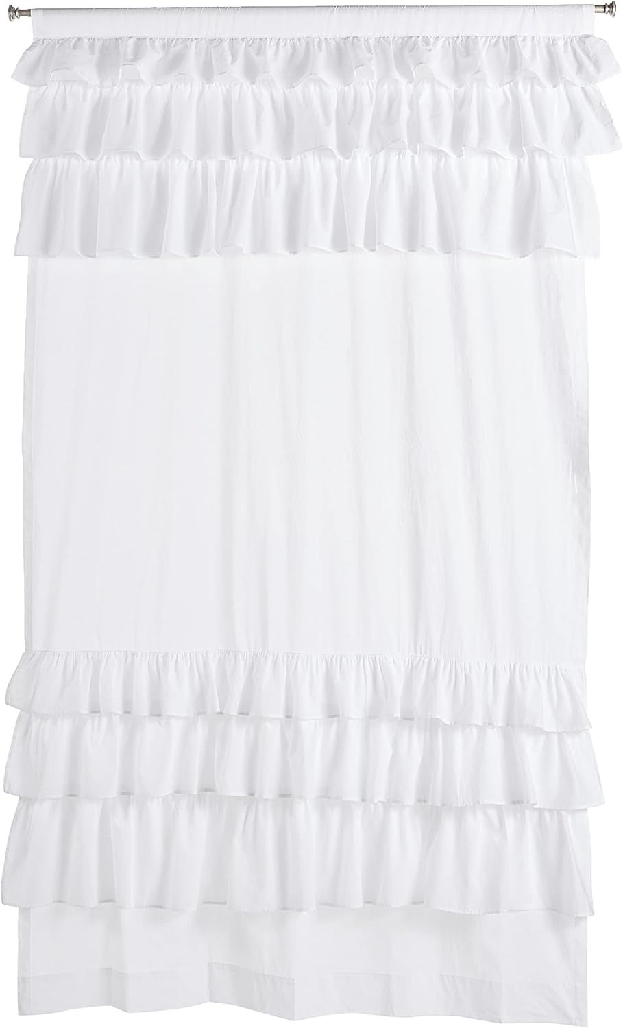 White Cotton Ruffled Rod Pocket Light-Filtering Curtain Panel