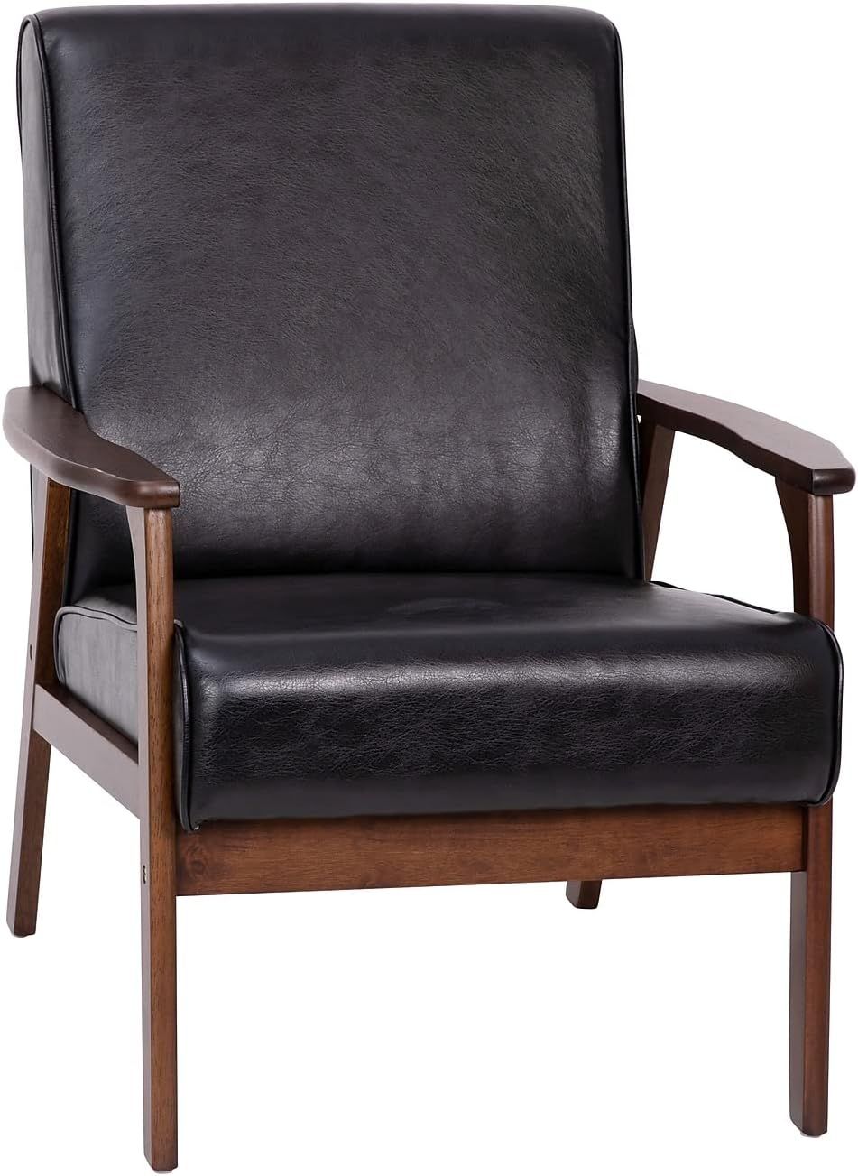 Mid-Century Modern Black Leather Accent Chair with Walnut Wood Frame