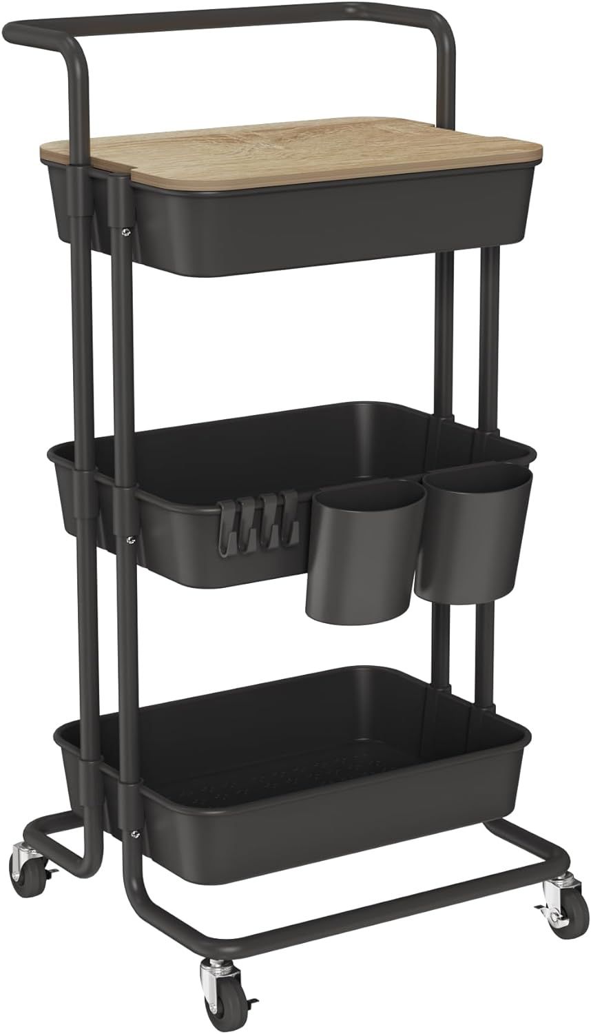 Black 3-Tier Rolling Utility Cart with Wood Cover