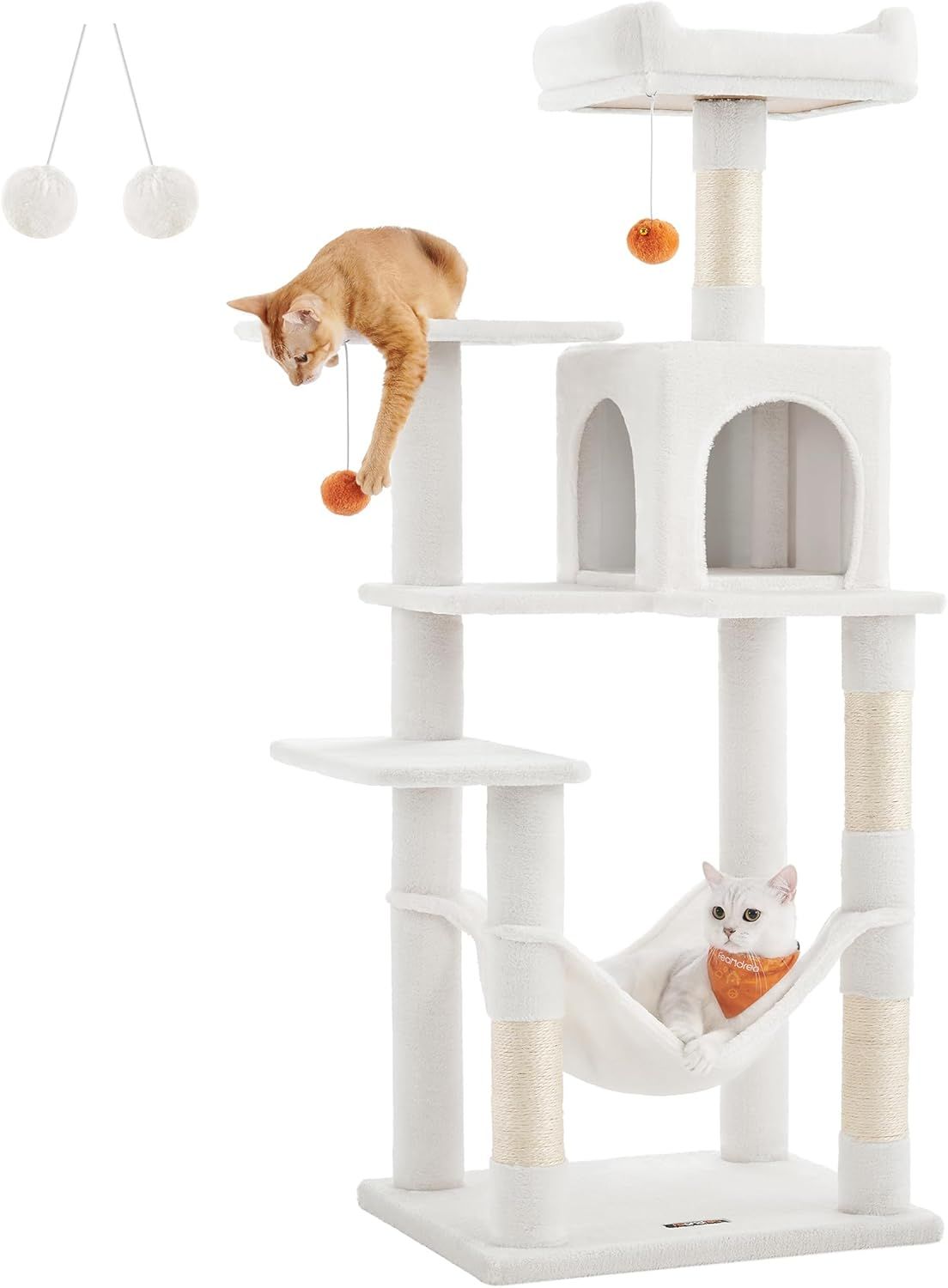 Cream White Multi-Level Cat Tree with Hammock and Scratching Posts