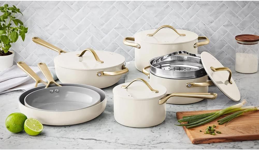 Cream 11-Piece Nonstick Ceramic Cookware Set with Gold Handles