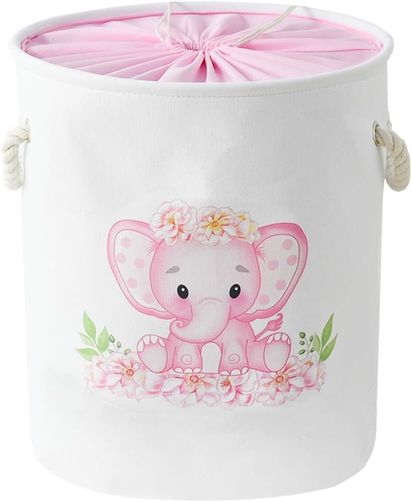 Pink Elephant Collapsible Kids Laundry Hamper with Handles