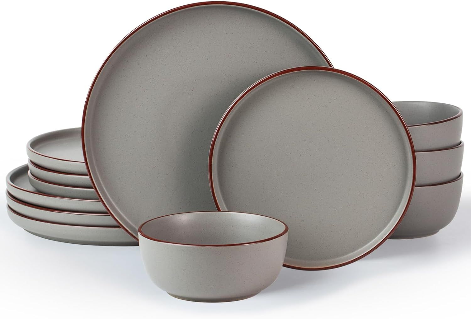 Dark Gray Ceramic Dinnerware Set with Brown Edges, Service for 4