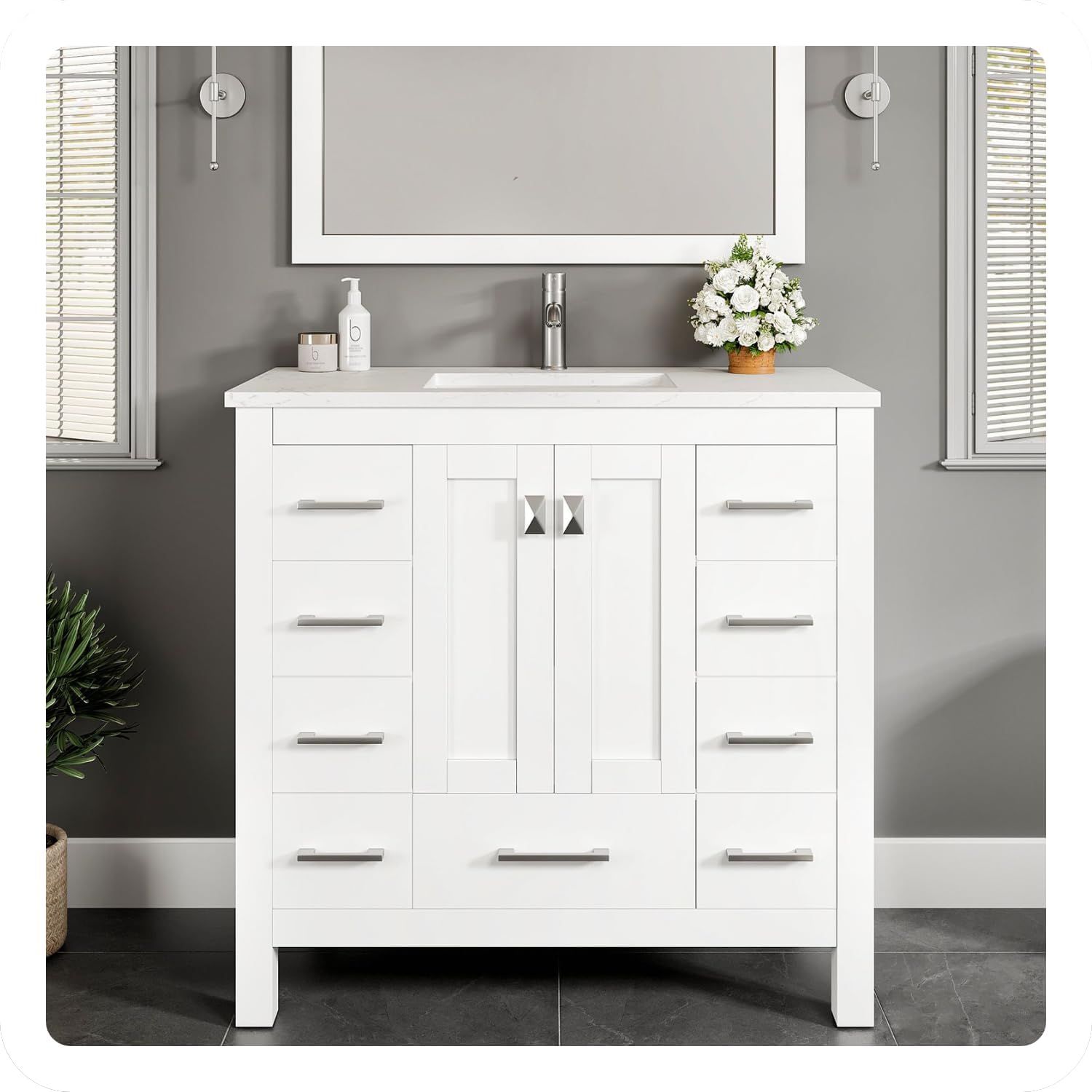 White Solid Wood Freestanding 36 Inch Bathroom Vanity with Marble Top